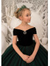 Off Shoulder Black And Green Velvet Tulle Formal Flower Girl Dress
